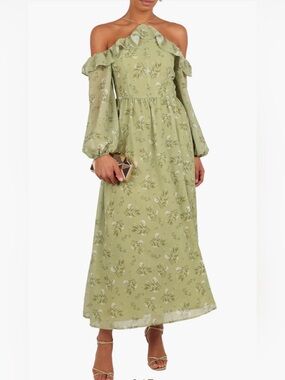Petal & Pup Sage Green Floral Off-Shoulder Maxi Dress
